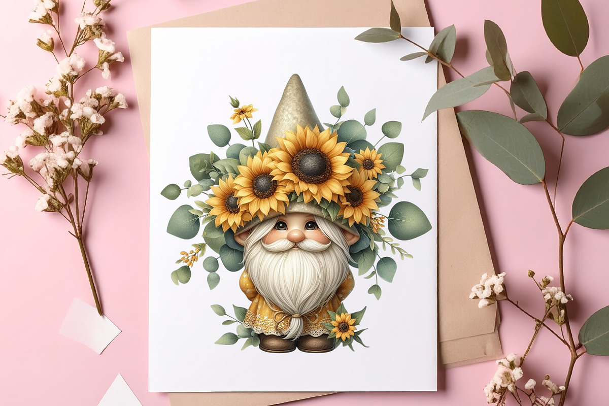 Watercolor Sunflower Gnomes Clipart, a Transportation Illustration by SinaCreation (Photo 6 of 9)