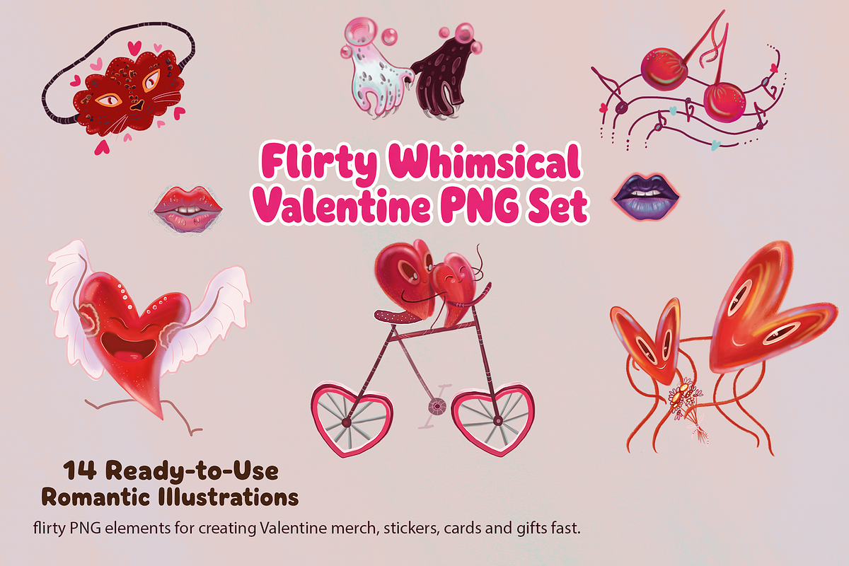 Flirty Valentine Clipart PNG Set, a Decorative Illustration by FaliushViktoriaArtist (Photo 1 of 8)