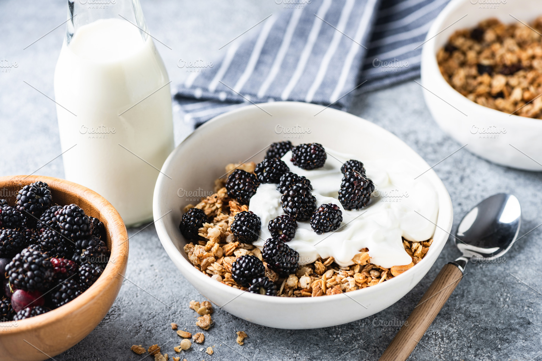 Breakfast yogurt bowl with blackberr, a Food & Drink Photo by The baking man