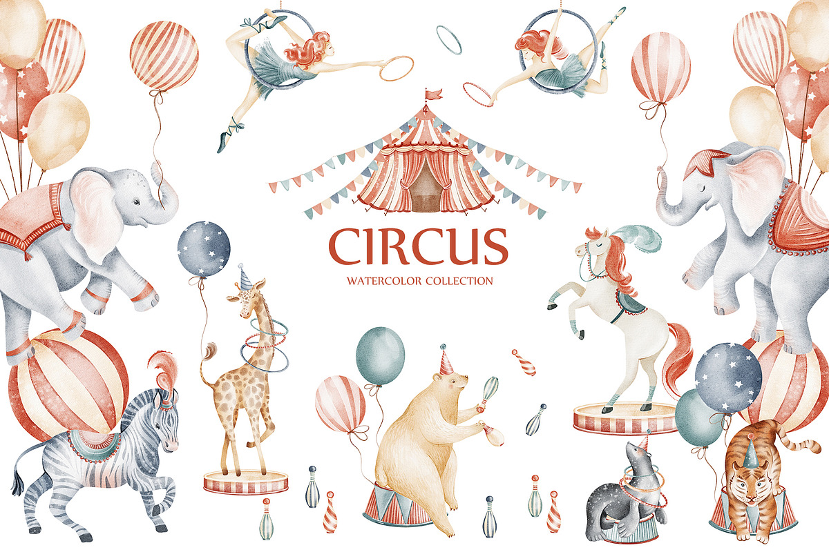 Cute Circus Watercolor Clipart Set, an Animal Illustration by LenArt (Photo 1 of 18)