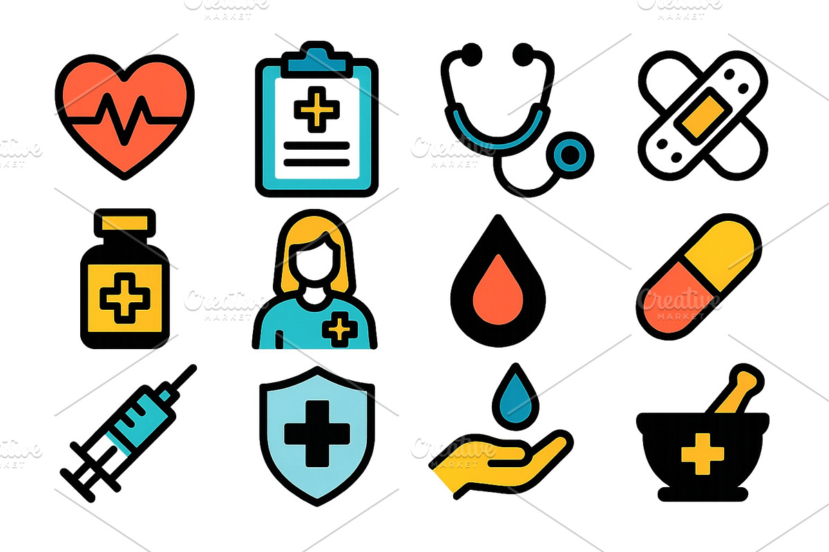 Collection of colorful medical icons, a Healthcare Illustration by ZinetroN