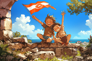 Happy children sitting on stone ruins surrounded by nature during a sunny day, an Illustration by AS photostudio
