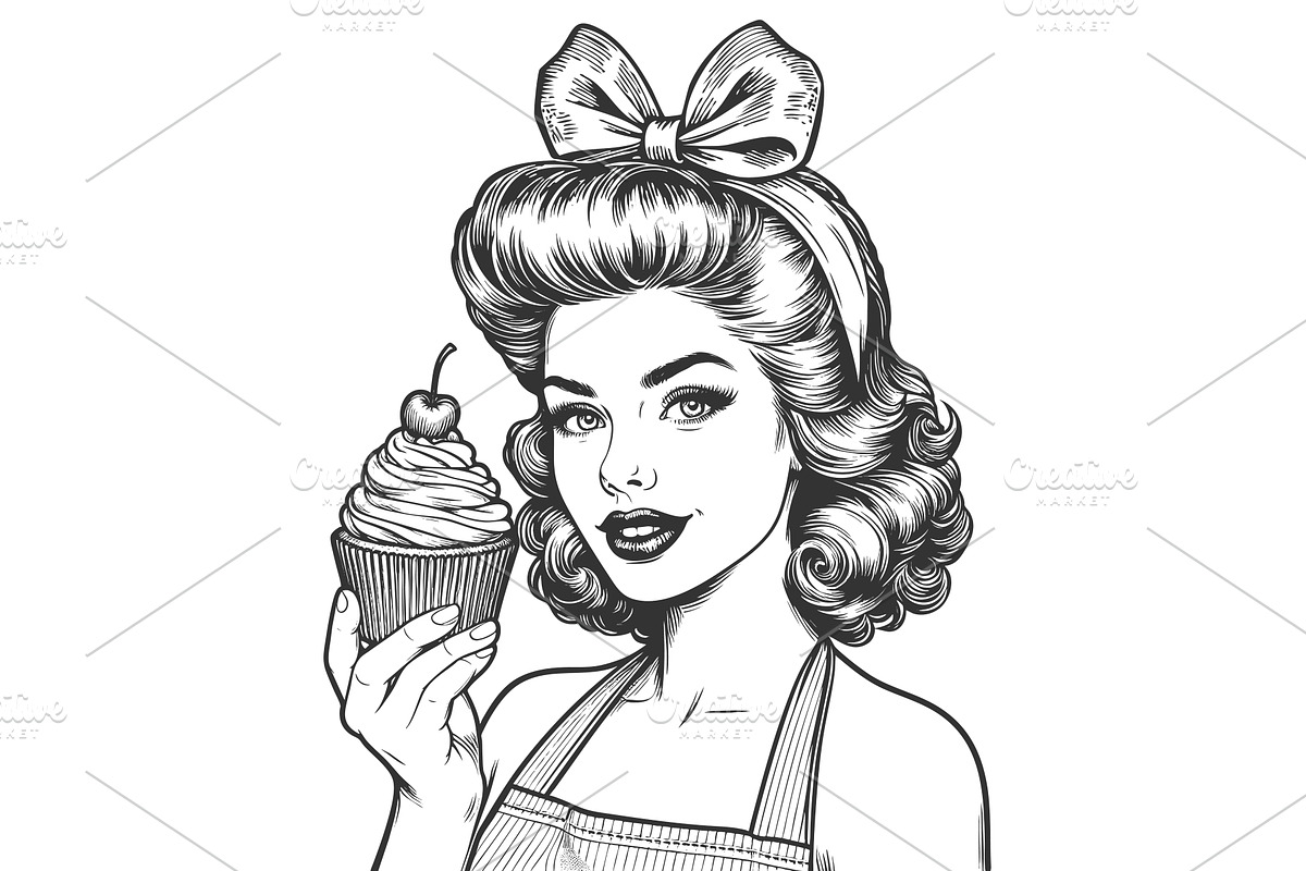 Pin-Up Girl Holding Cupcake with, a Person Illustration by AlexArt