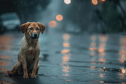 Wet homeless dog on a street in the rain, an Animal Photo by AlyaAnd