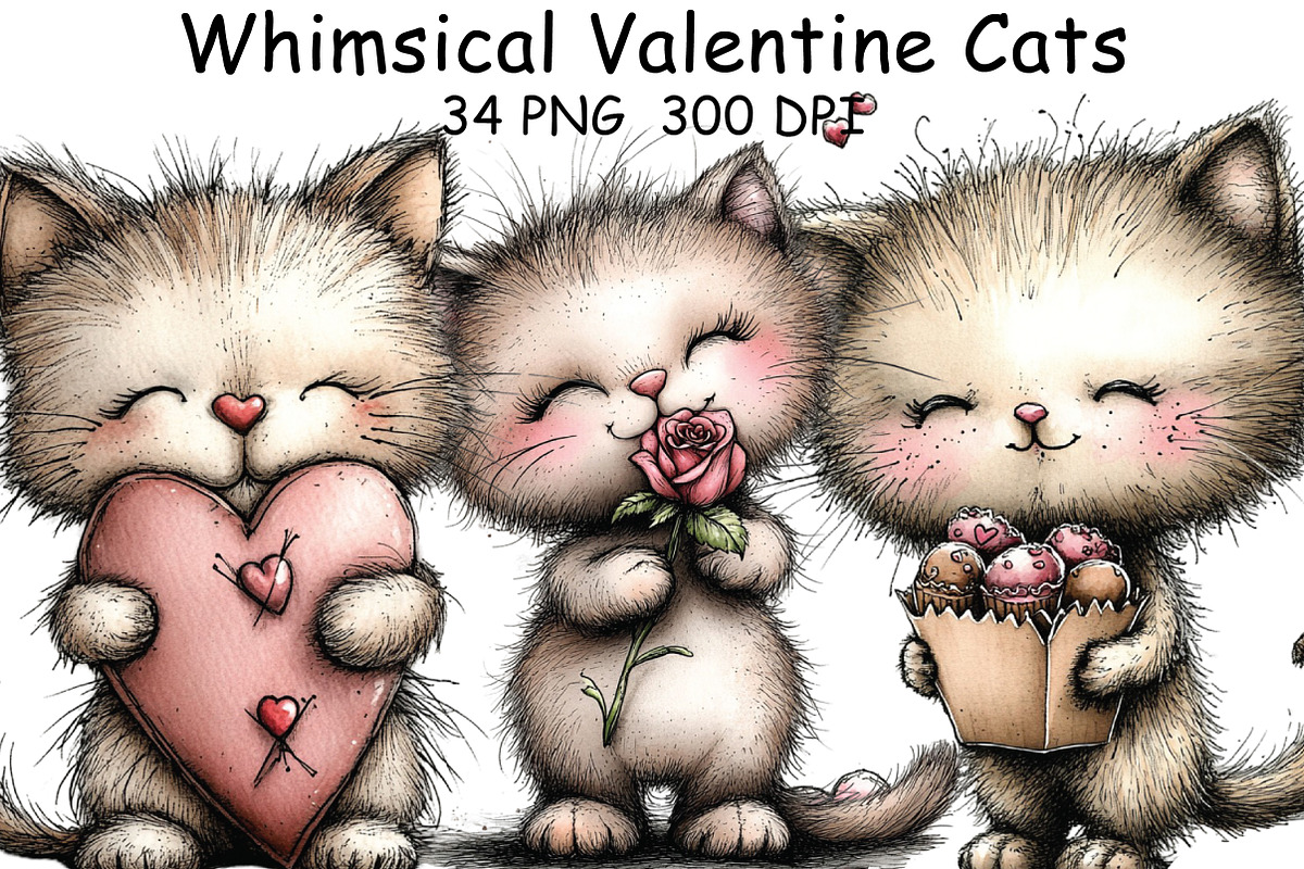 Whimsical Valentine Cats Clipart, an Illustration by CraftArtStudio (Photo 1 of 6)