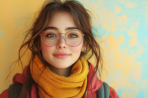 Young Woman Wearing Glasses And A Scarf Smiles Brightly Against Colorful Backdr