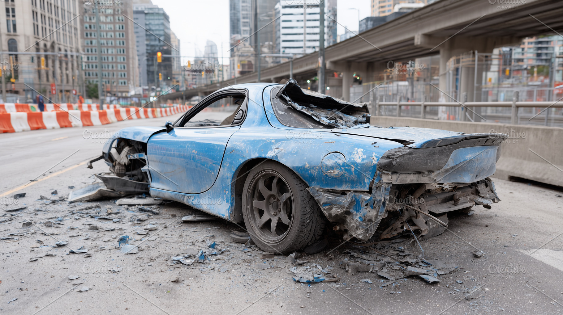 Severely damaged blue sports car, a Transportation Photo by MistyDay