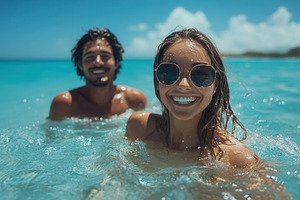 Couple enjoying a sunny day at the b, a Photo by Tanuart
