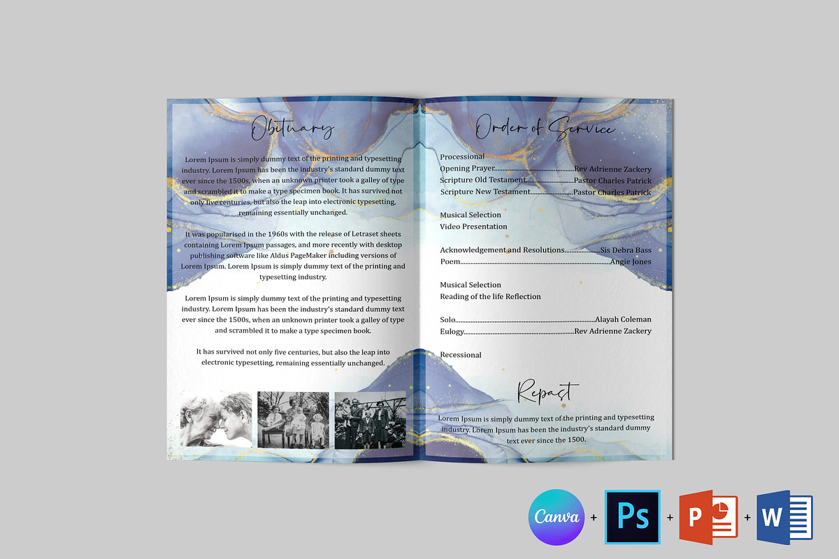 Blue Gold Funeral Program Template, a Brochure Template by Designscozy (Photo 6 of 8)