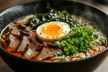 Delicious ramen bowl with beef, egg,, a Background Photo by Pixeness