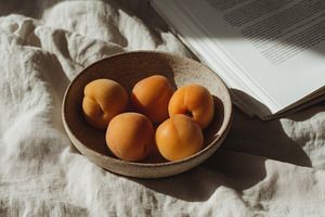 Clay bowl with apricots on table, a Food & Drink Photo by Virgo Studio