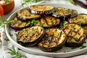 Grilled eggplants in plate on wooden table, a Food & Drink Photo by AlyaAnd