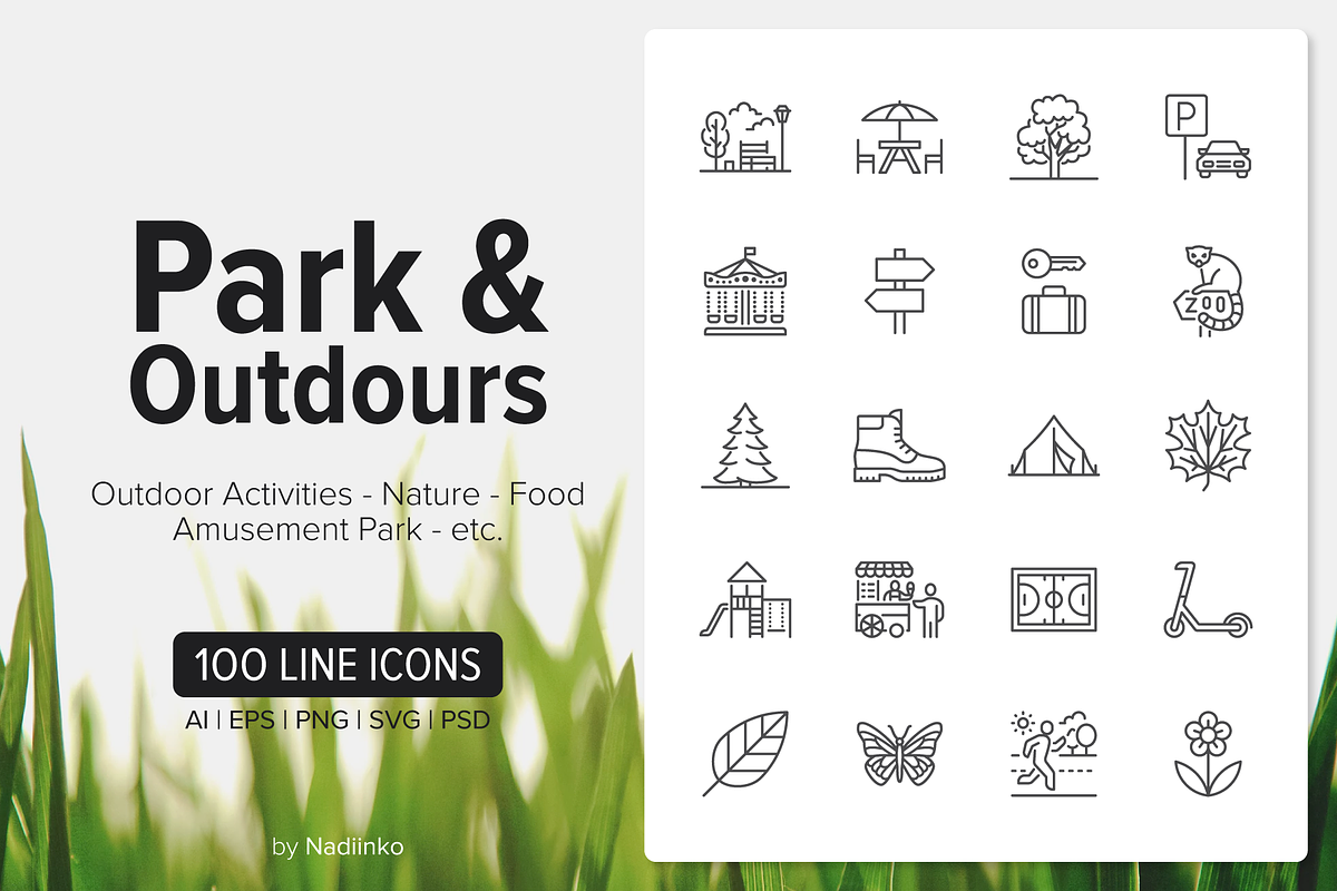 100 Park & Outdoors Icons, an Outline Icon by Nadiinko (Photo 1 of 3)