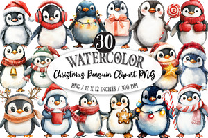 Watercolor Christmas Penguin, an Illustration by Designking