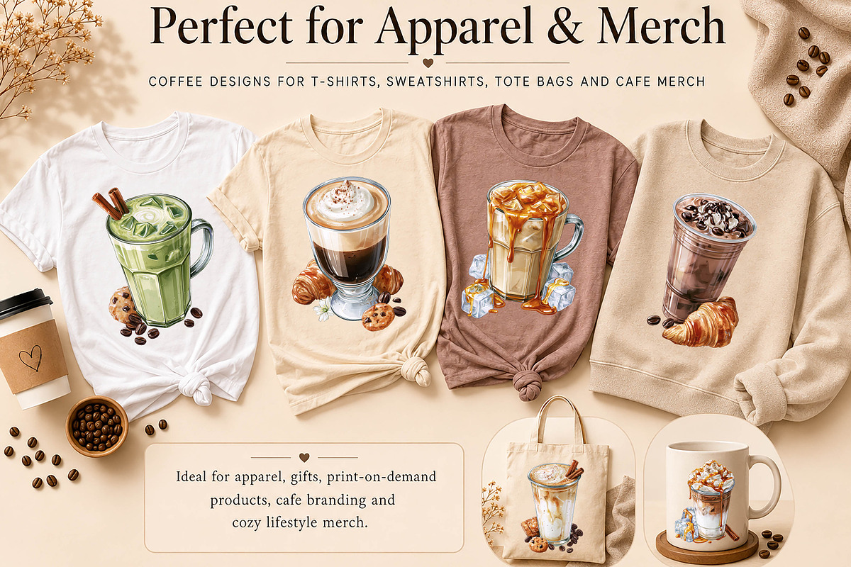 Coffee Drinks T-Shirt Print Bundle, a Food Illustration by GoldmoonUA (Photo 3 of 5)