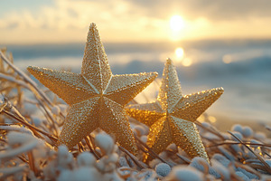 Golden stars glisten among frosted g, a Photo by Tanuart