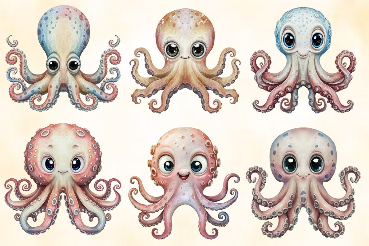 Watercolor Cute Octopus Clipart, an Illustration by CraftArtStudio (Photo 2 of 4)