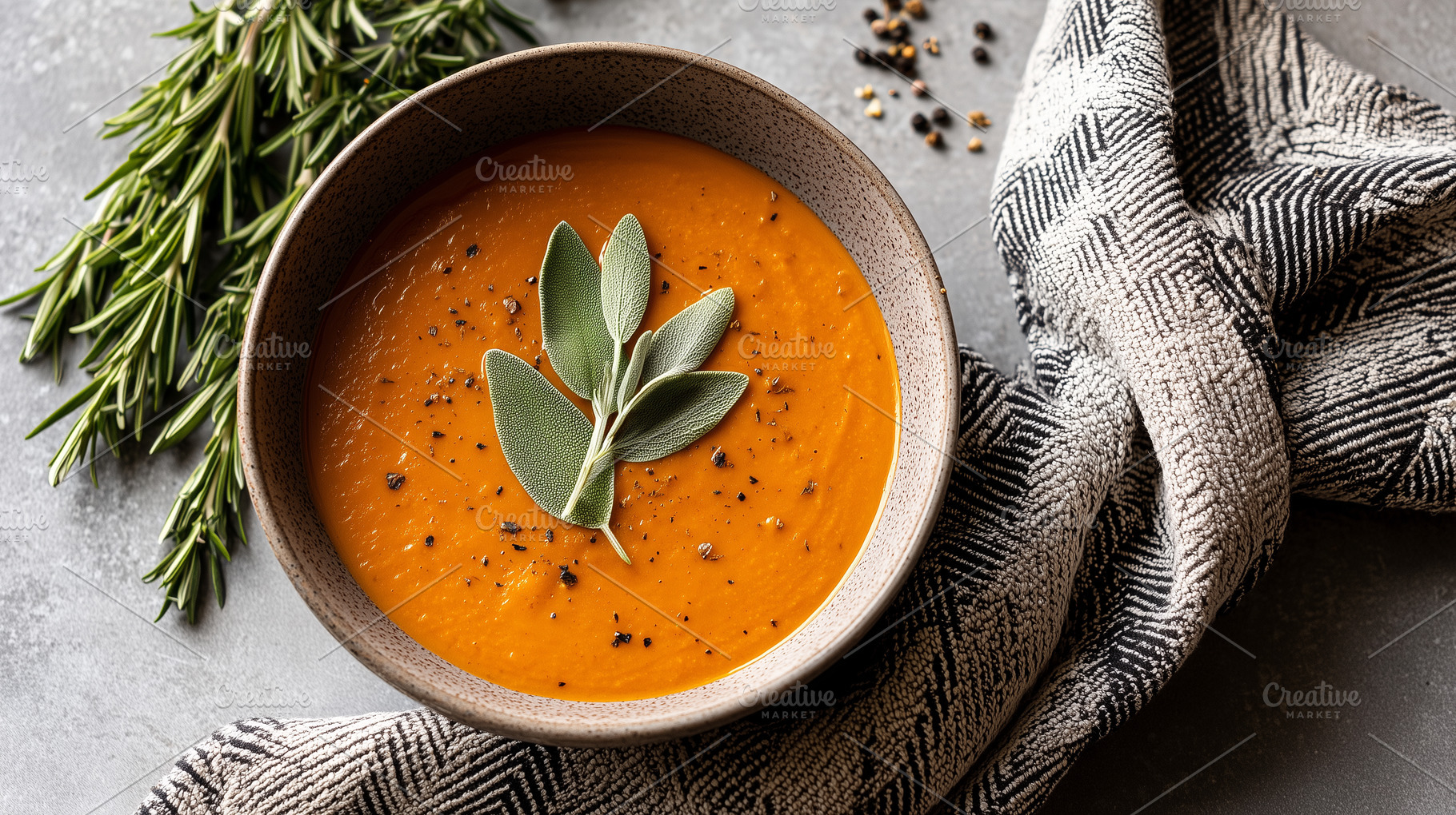 Top view of creamy pumpkin soup, a Food & Drink Photo by MistyDay