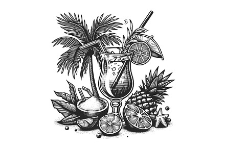 Tropical Cocktail engraving vector, a Food Illustration by AlexArt