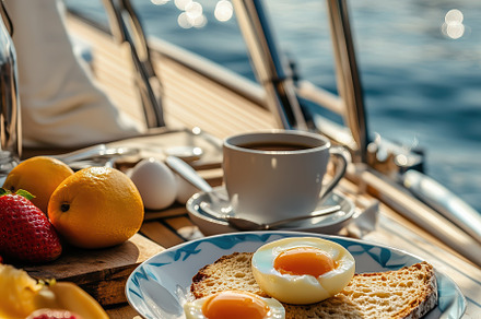 A beautiful breakfast spread on a sailboat deck, featuring two poached eggs on, a Background Photo by Textures & Backgrounds