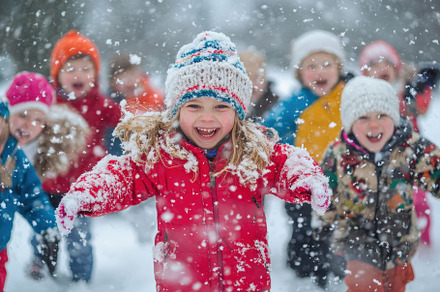 Excited children playing in snow, a Photo by Pavel_design