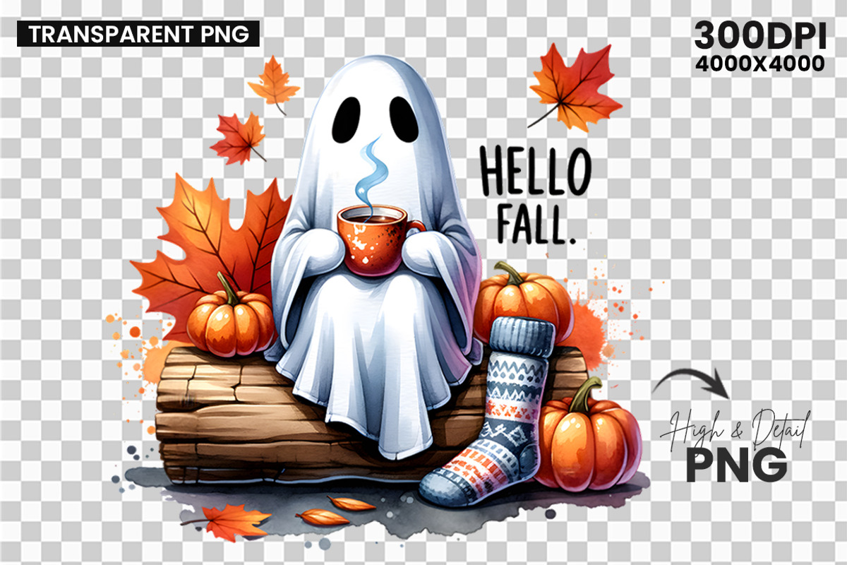 Hello Fall Ghost Pumpkin Clipart PNG, a Seasonal Illustration by Creative Arslan (Photo 2 of 3)