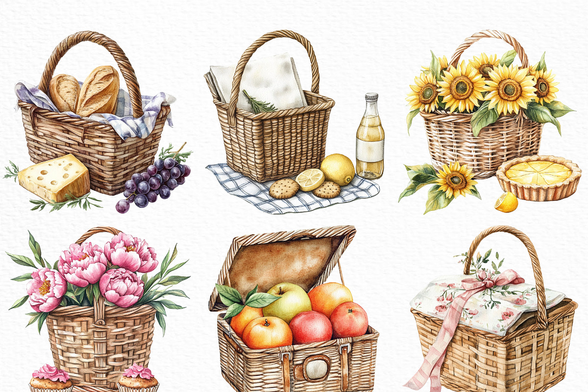 Watercolor Picnic Basket Clipart, an Illustration by Craft Nest (Photo 4 of 6)