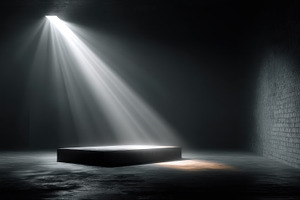 Dark room light beam black pedestal, a Photo by Pixeness Studio