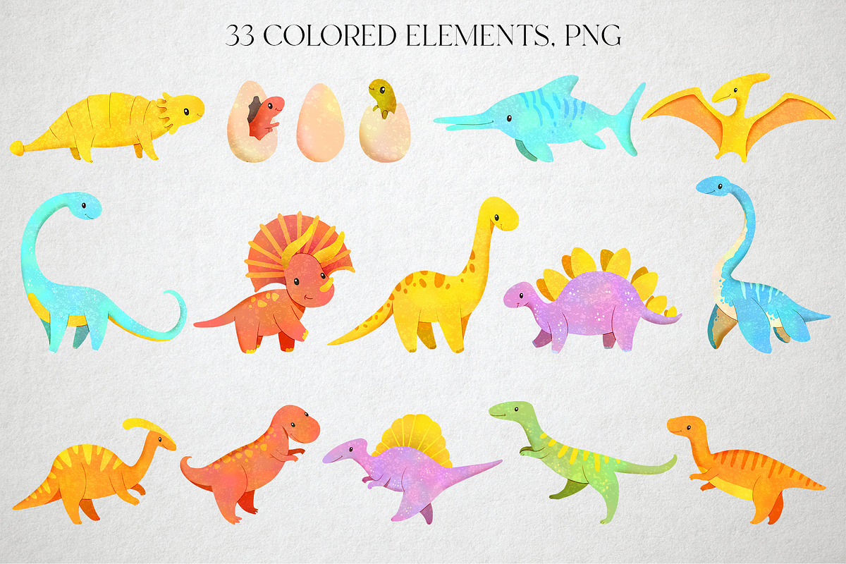 Cute and bright Dinosaurs Clipart, an Animal Illustration by LukaJreym (Photo 2 of 11)