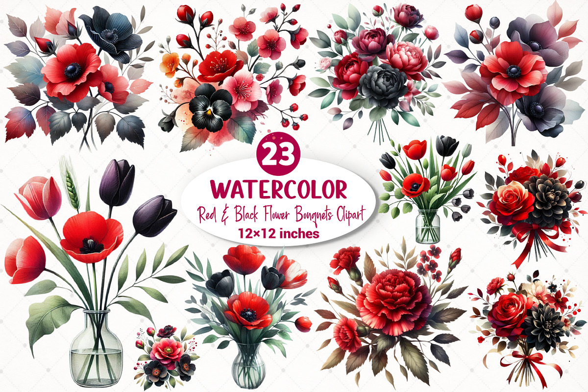 Red & Black Flower Bouquets Clipart, an Illustration by SinaCreation (Photo 1 of 4)