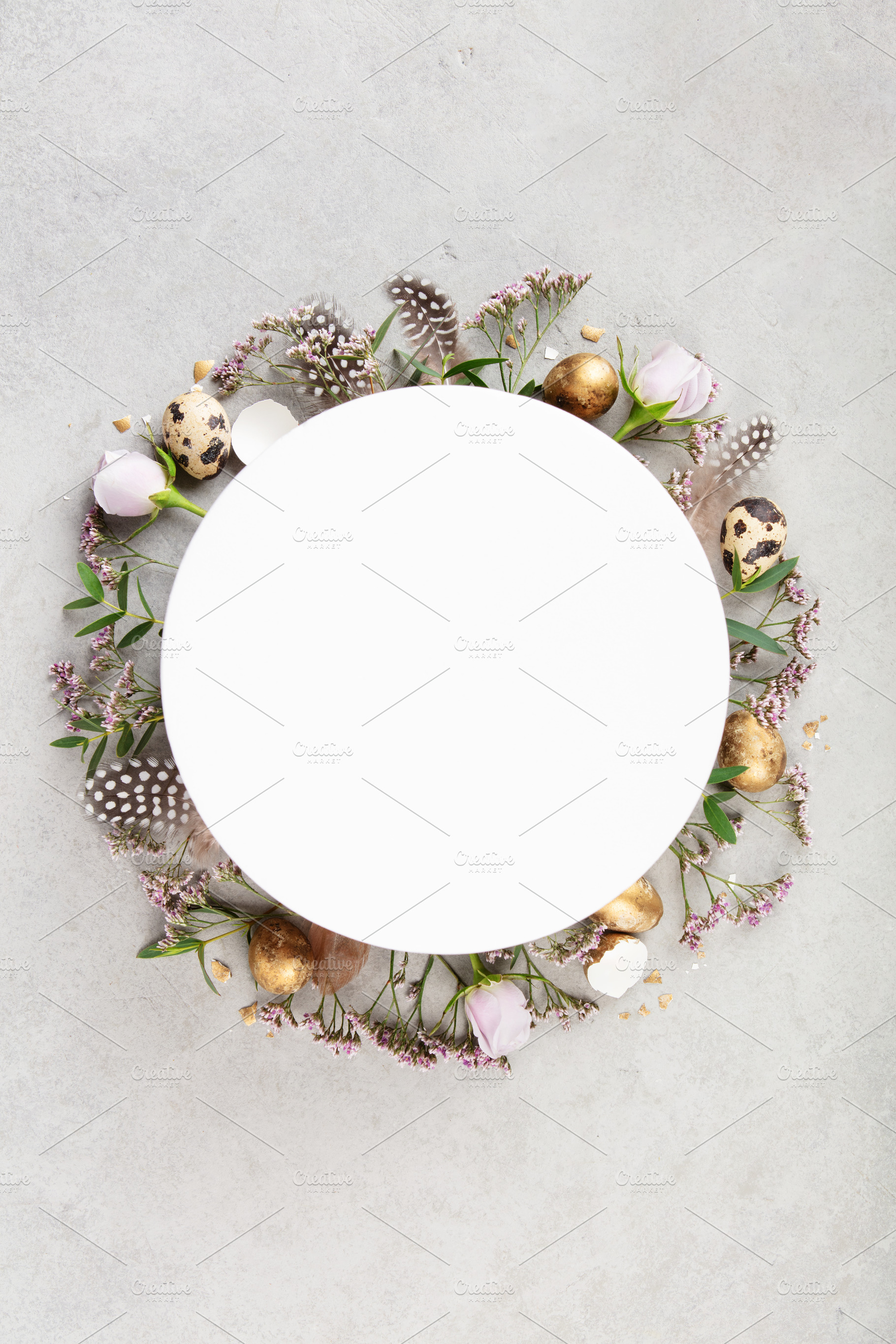 Easter Round Mockup with Floral Wreath and Golden Eggs, a Holiday Photo by Natalia Klenova's Shop