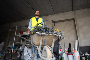 Construction worker transporting cables in a wheelbarrow, a Person Photo by etorres69