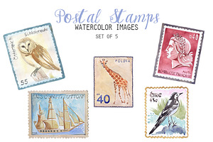 Watercolor Postal Stamps Clipart