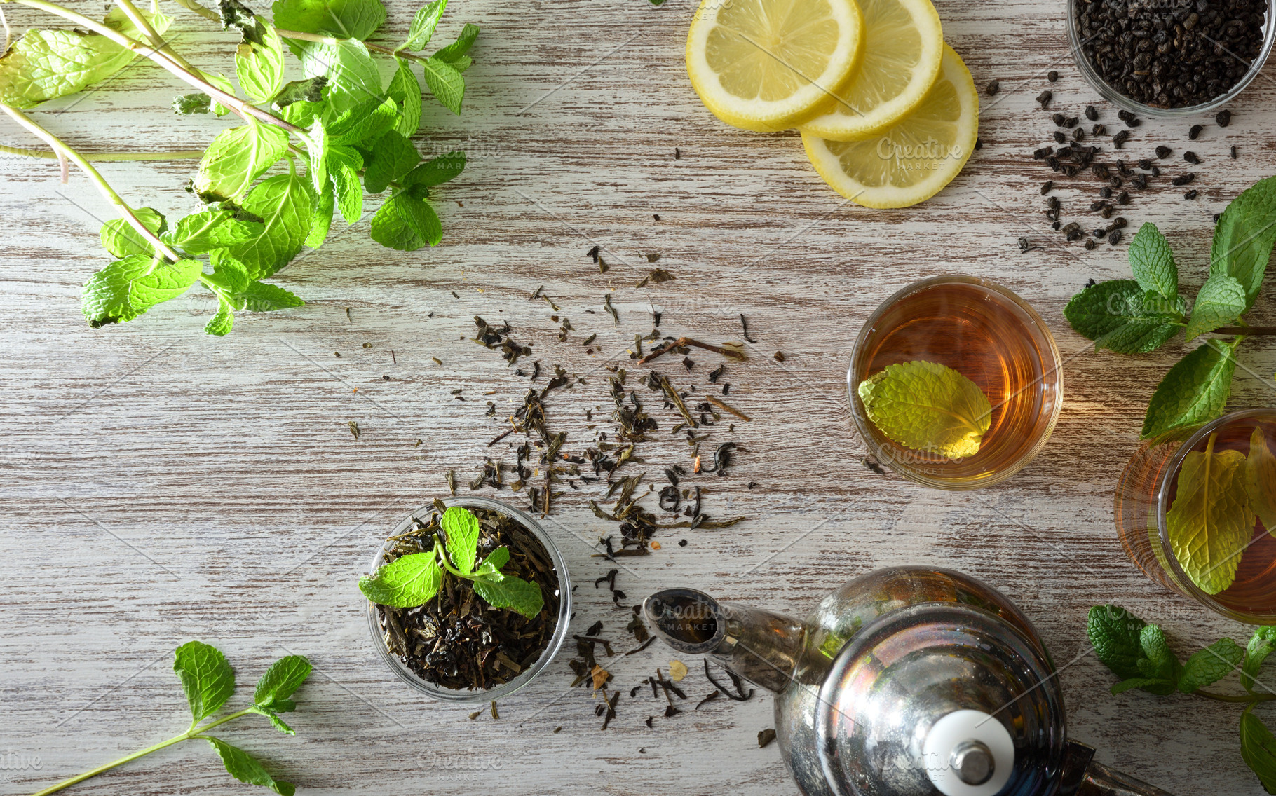 freshly brewed mint and lemon tea top view, a Food & Drink Photo by Davizro's Market