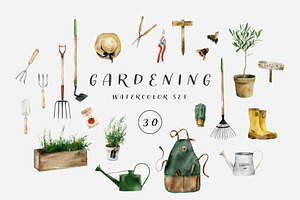 Gardening tools watercolor set