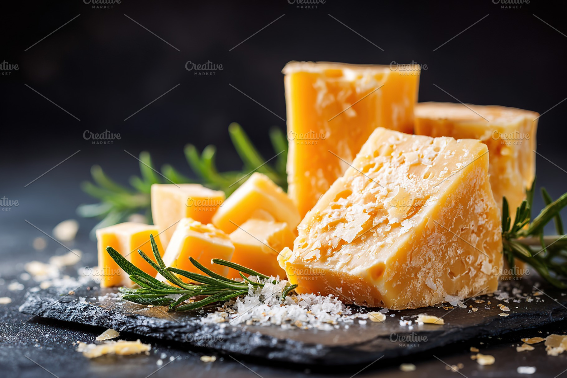 Delicious creamy brie and grated parmesan displayed on a slate board with herbs, a Food & Drink Photo by AlyaAnd