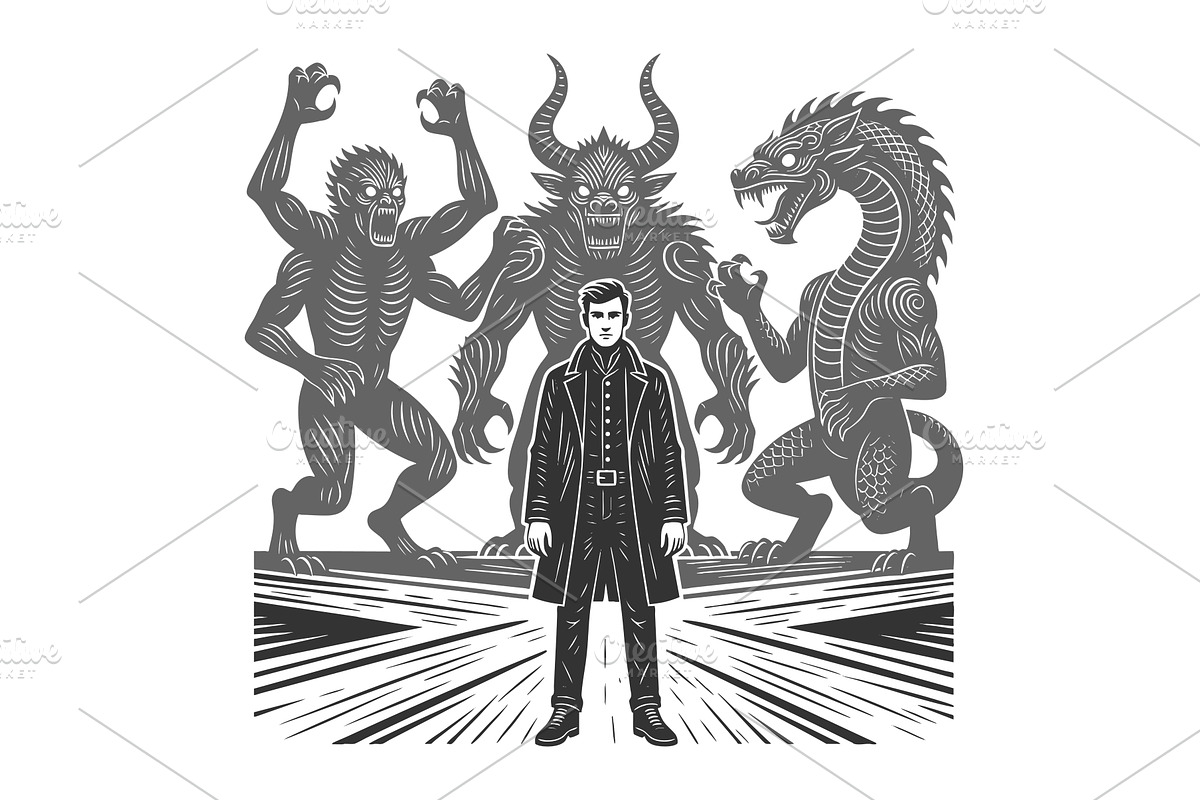 Hero facing mythical monsters in, a Person Illustration by AlexArt