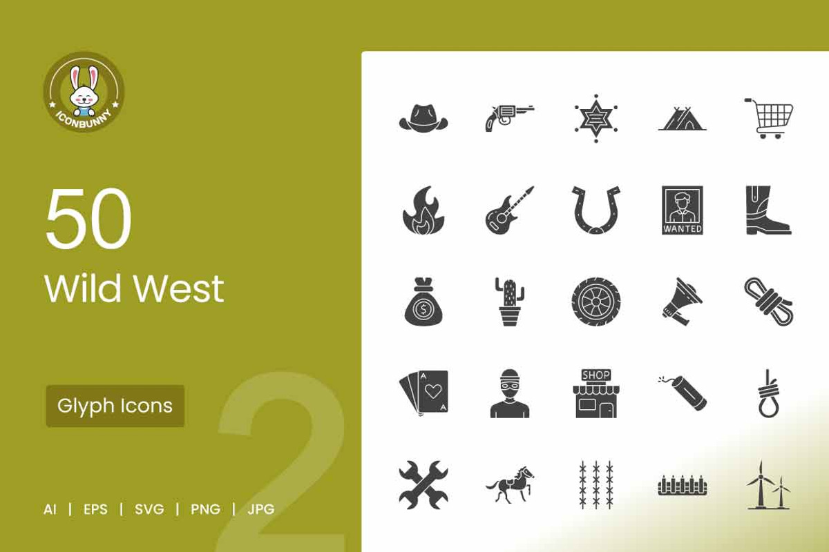 50 Wild West Glyph Icons, an Icon by IconBunny (Photo 1 of 2)