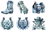Blue Toile Cowgirl Clipart PNG, an Illustration by DreamArtGraphic (Thumbnail 4 of 4)