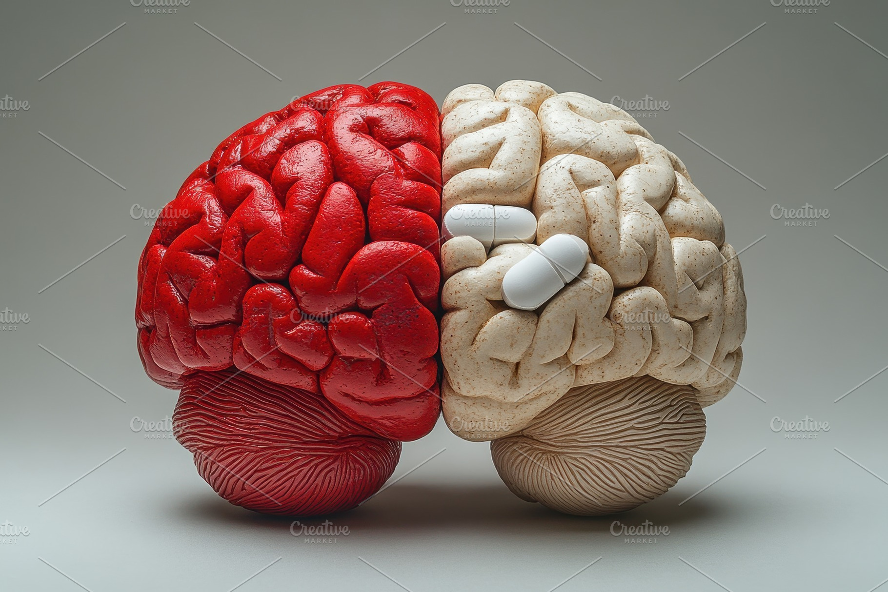 Red and white brain sculpture with p, a Photo by Tanuart
