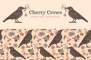 Cherry Crows. Seamless Patterns