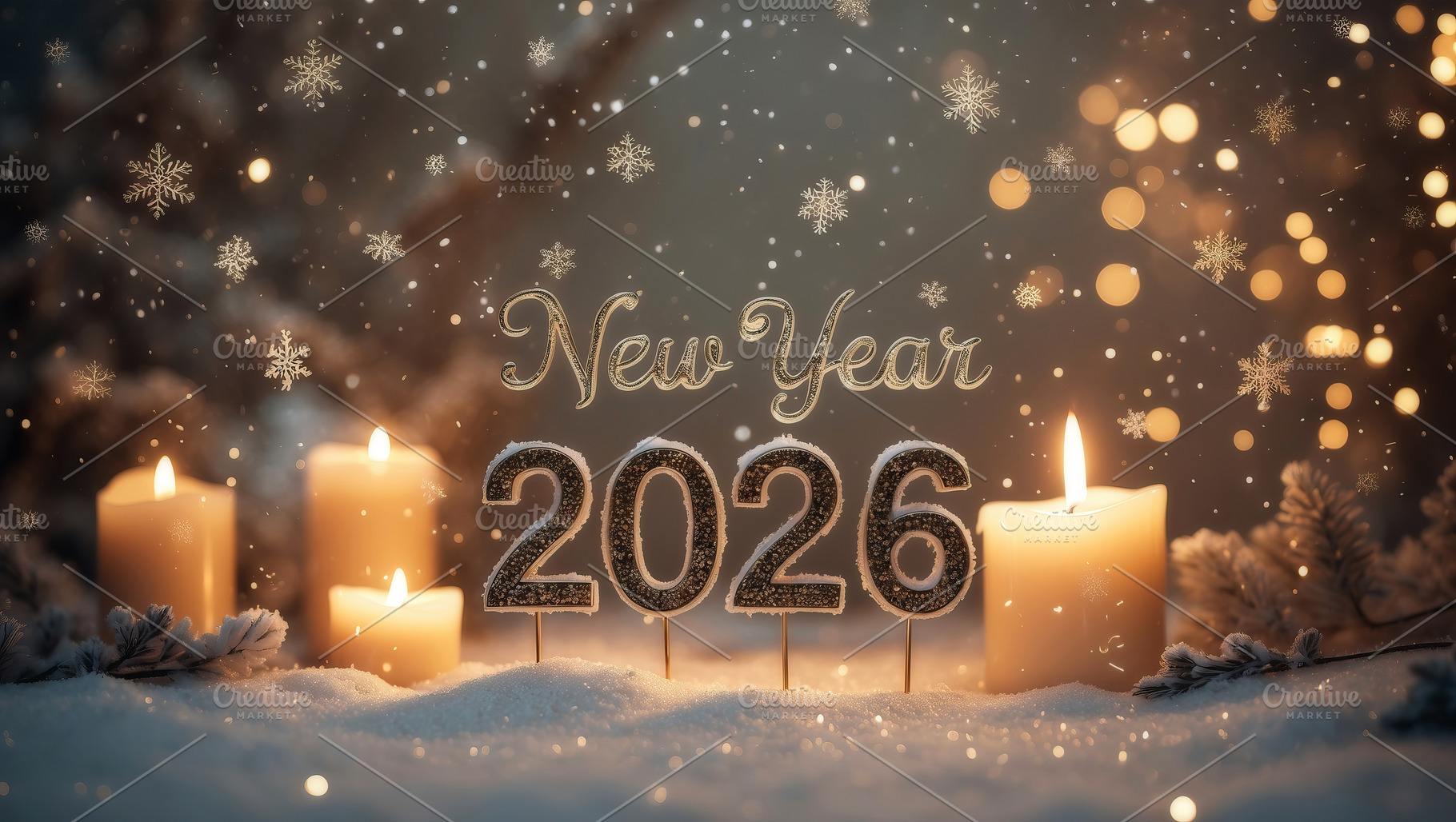 New Year 2026 with Snow, Lit Candles, a Holiday Photo by Perpis