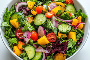 Fresh vibrant vegetable salad in bow, a Food & Drink Photo by Pixeness Studio