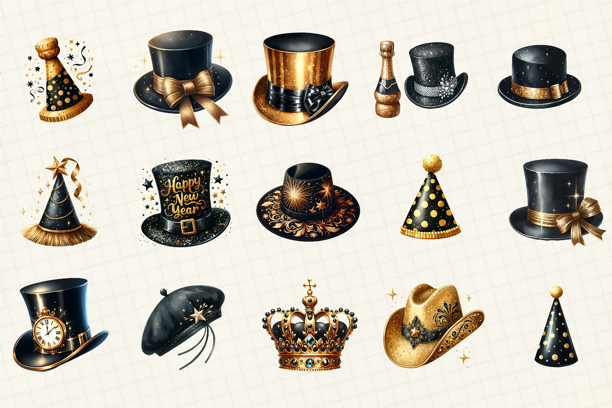 Black and Gold New Year Hat Clipart, an Illustration by DreamCafeArt (Photo 3 of 8)