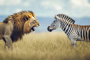 Male lion and a zebra stand opposite each other in African savannah, an Animal Photo by AlyaAnd
