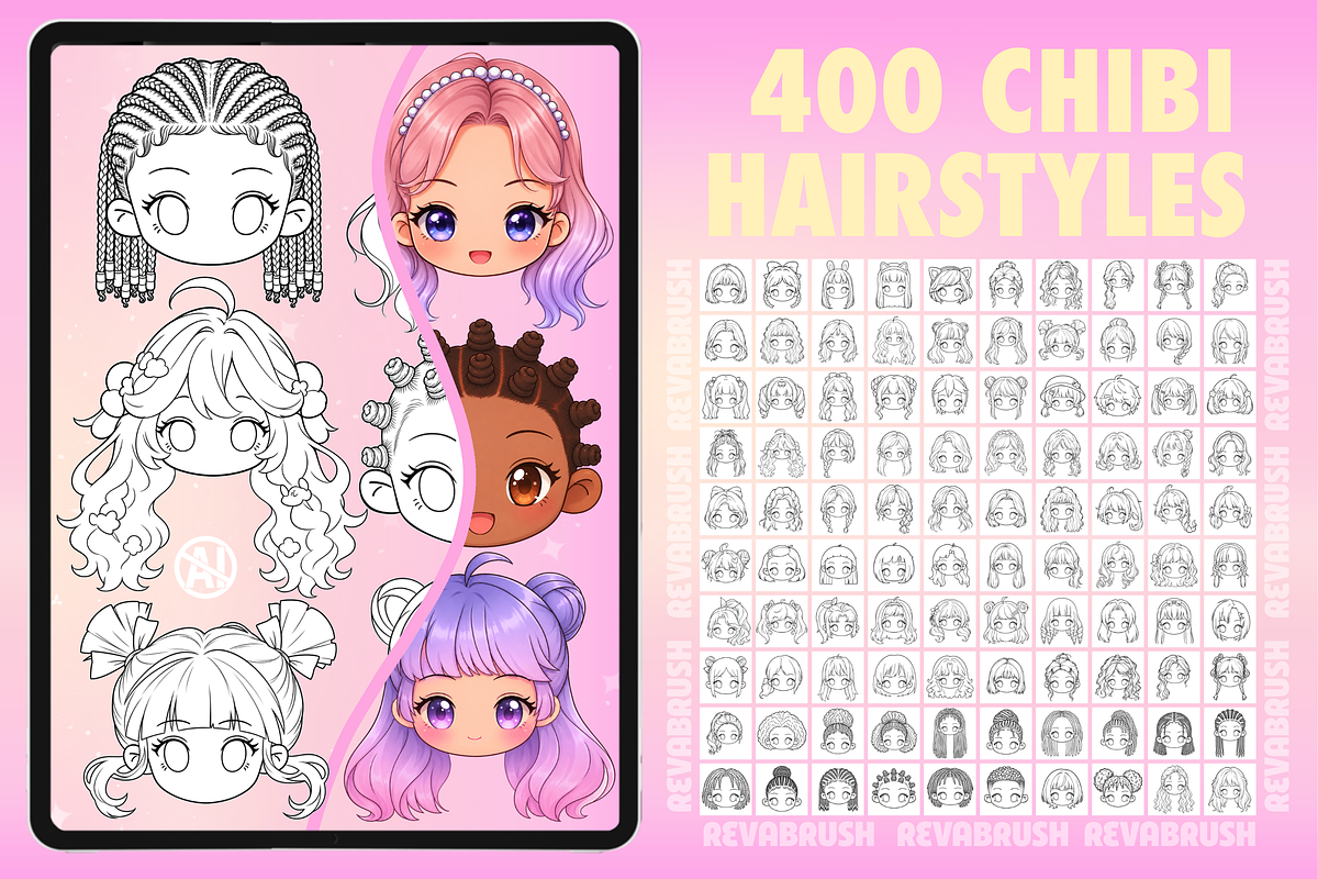 Procreate Chibi Hairstyles brushes, a Brush Add-On by Revabrush (Photo 6 of 16)