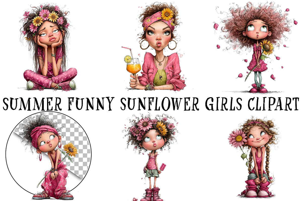 Summer Funny Sunflower Girls Clipart, an Illustration by OK Design (Photo 2 of 6)