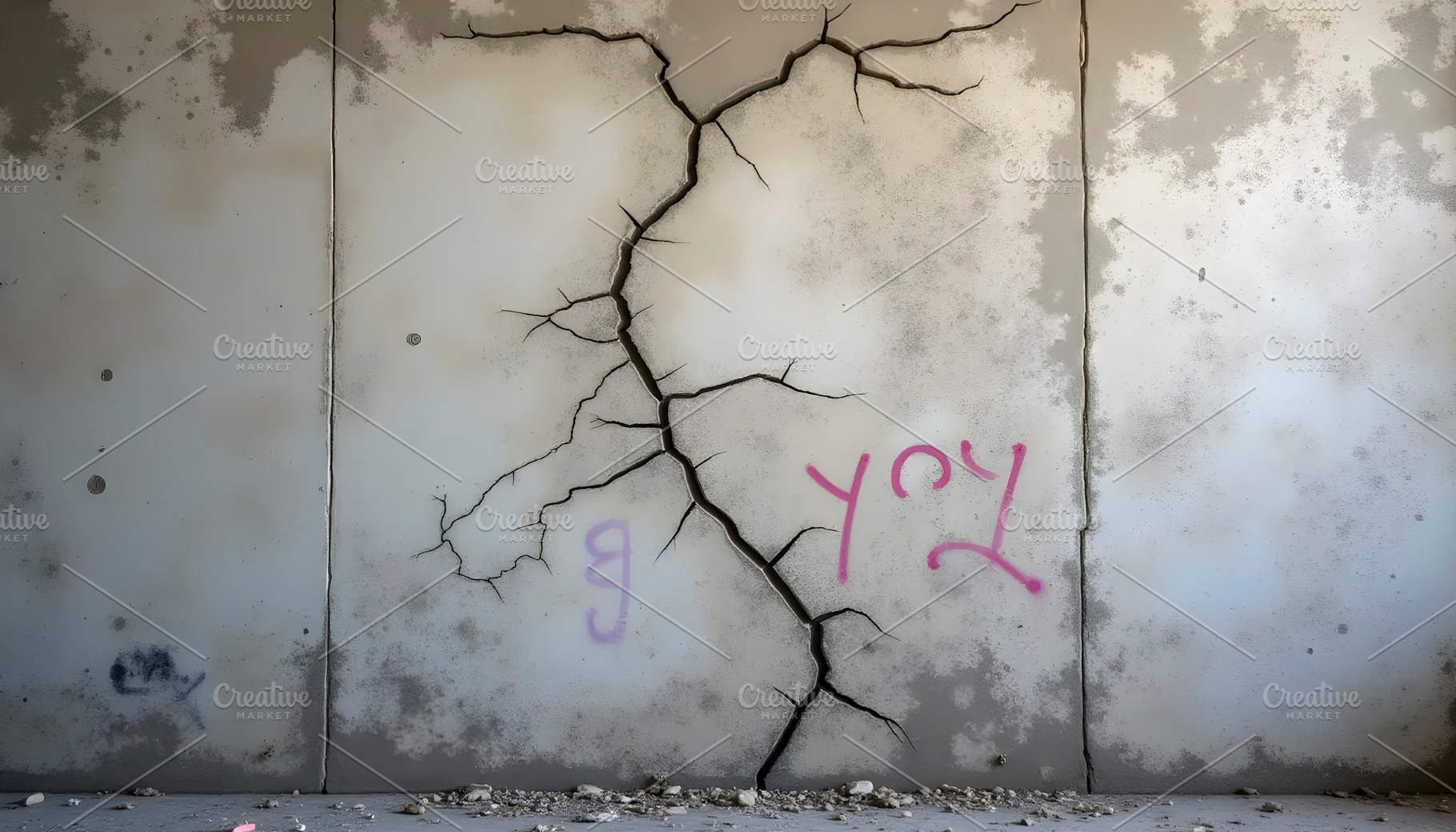Cracked cement wall with graffiti fr, a Photo by LOGOCREATIVE