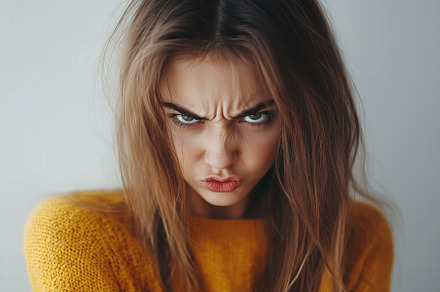 A young woman with long, messy hair, wearing a yellow sweater, displays an angr, a Person Photo by Textures & Backgrounds