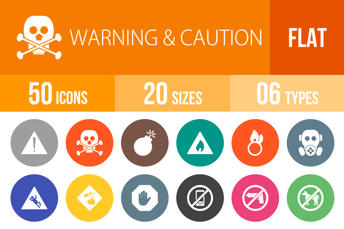 50 Warning Flat Round Icons, an Icon by IconBunny